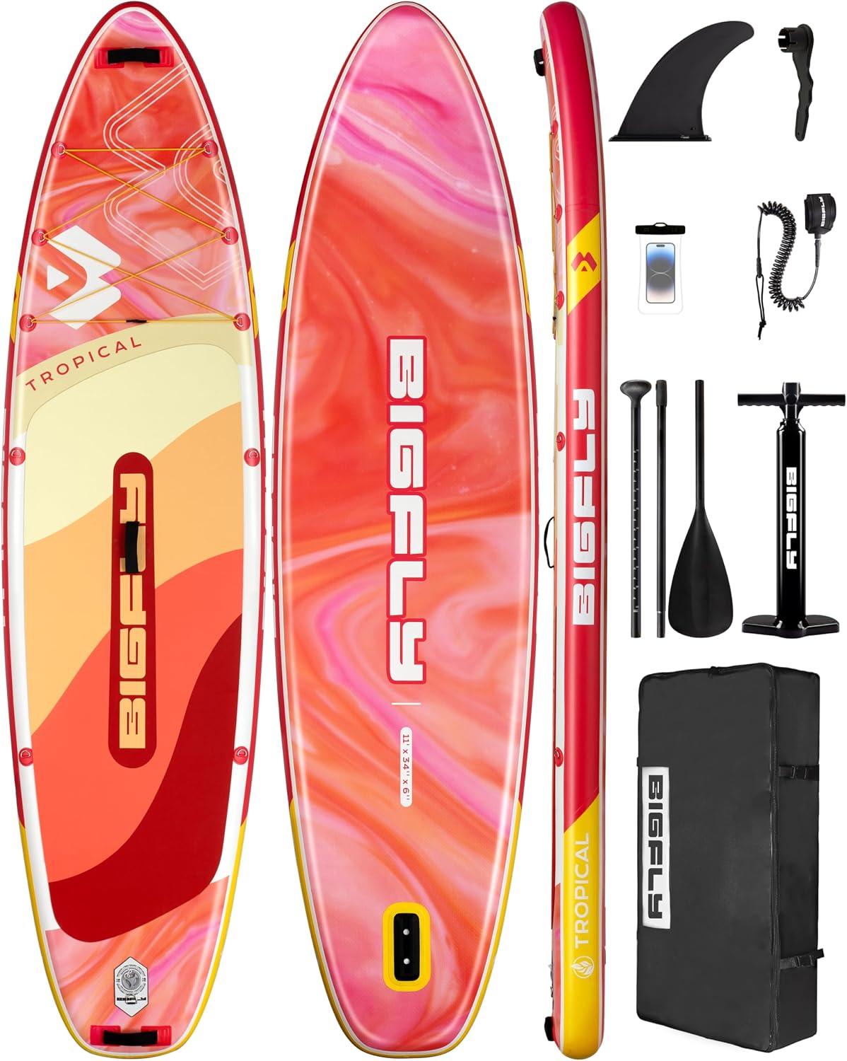 Bigfly Inflatable Stand Up Paddle Board 11'*34'*6', Blow Up Paddle Board for Adults,with Detachable Fins, Pump, Floating Paddle, Safety Leash,Backpack