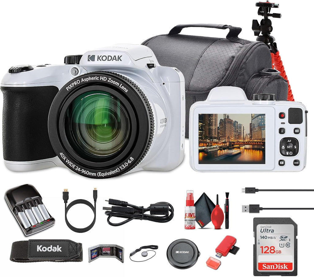 Kodak Pixpro AZ405 Digital Camera in White (AZ405WH) Bundle Including: 128 GB Memory Card, Rechargeable Batteries, Case, Flexible Tripod, Neck Strap, Lens Caps, Full Cleaning Kit, More Accessories
