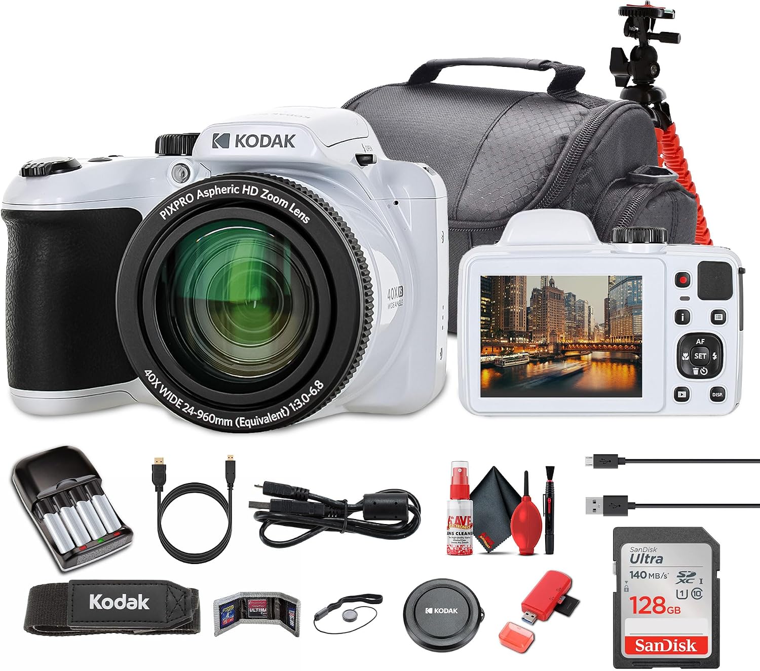 Kodak Pixpro AZ405 Digital Camera in White (AZ405WH) Bundle Including: 128 GB Memory Card, Rechargeable Batteries, Case, Flexible Tripod, Neck Strap, Lens Caps, Full Cleaning Kit, More Accessories