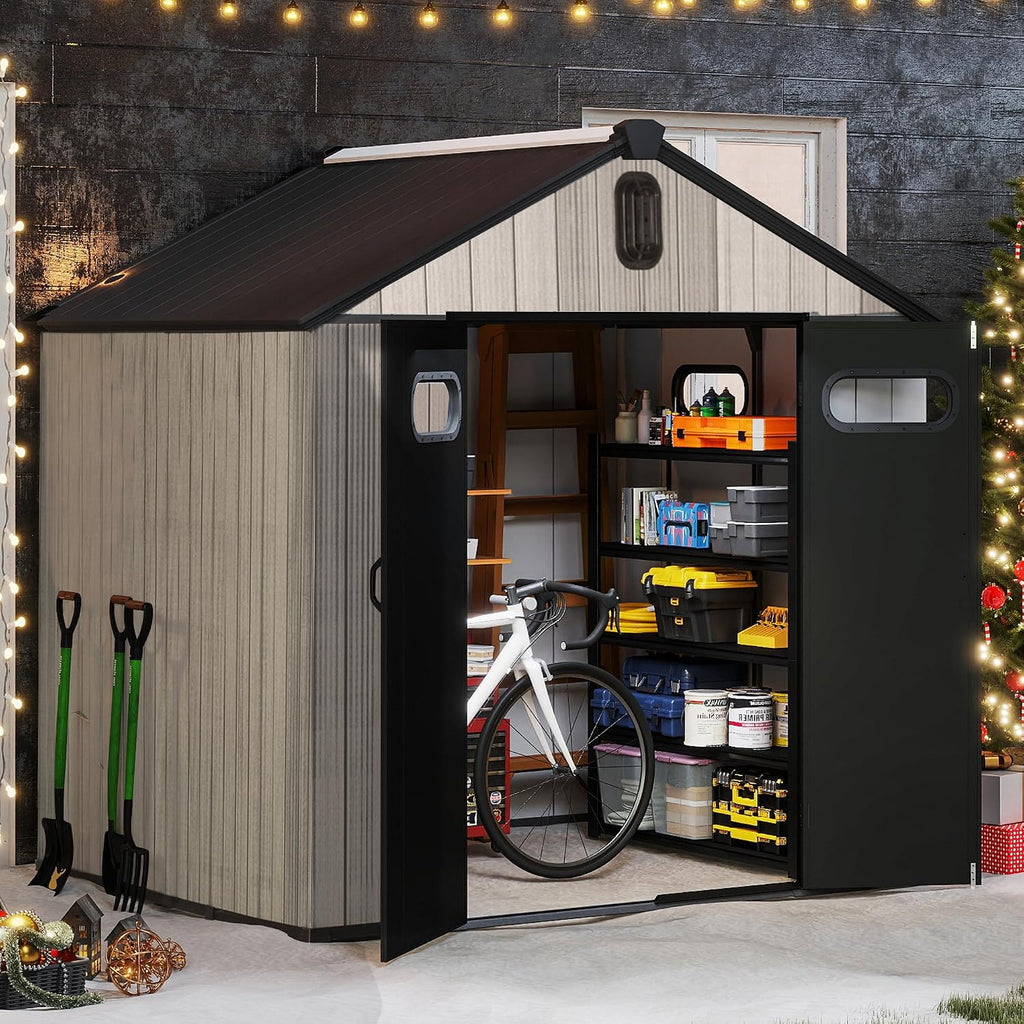 Domi 8x8 FT Outdoor Resin Storage Shed, All-Weather Double-Wall Storage Building for Backyard, Garden, Lawn Tools, Mower, Bike & Pool Equipment, Lockable Doors, Ventilated Roof, Grey