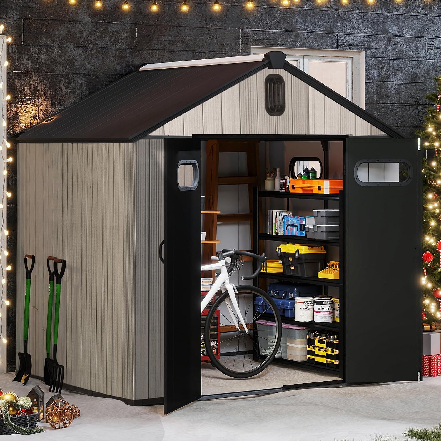 Domi 8x8 FT Outdoor Resin Storage Shed, All-Weather Double-Wall Storage Building for Backyard, Garden, Lawn Tools, Mower, Bike & Pool Equipment, Lockable Doors, Ventilated Roof, Grey