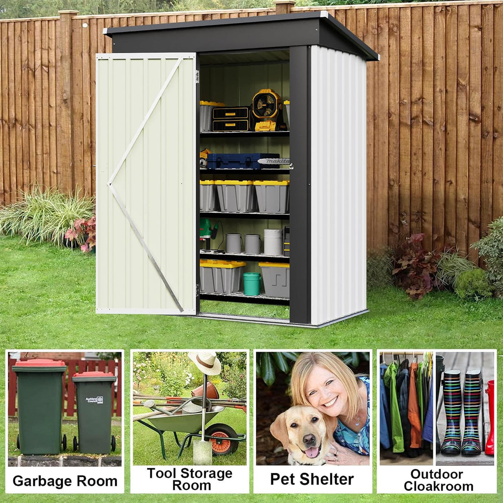 JUMMICO Metal Outdoor Storage Shed 5 x 3 FT Metal Shed with Lockable Door,Waterproof Garden Tool Shed Storage House for Backyard Patio Lawn,White