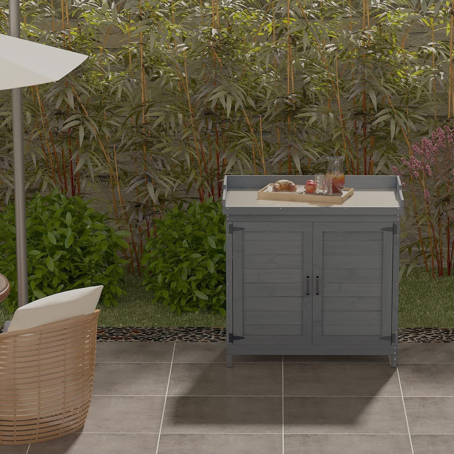 Outdoor Garden Patio Wooden Storage Cabinet Furniture Waterproof Tool Shed with Potting Benches Outdoor Work Station Table (Gray)