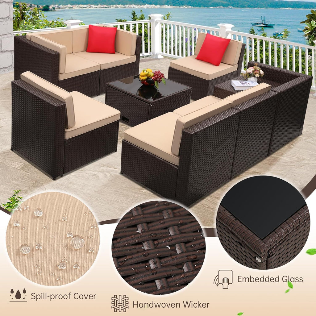 KROFEM 8-Piece Patio Furniture Set, Outdoor Wicker Rattan Sectional with Thick Cushions, Glass Top Table with Hidden Storage, Outdoor Conversation Set for Backyard, Porch, Patio, Beige