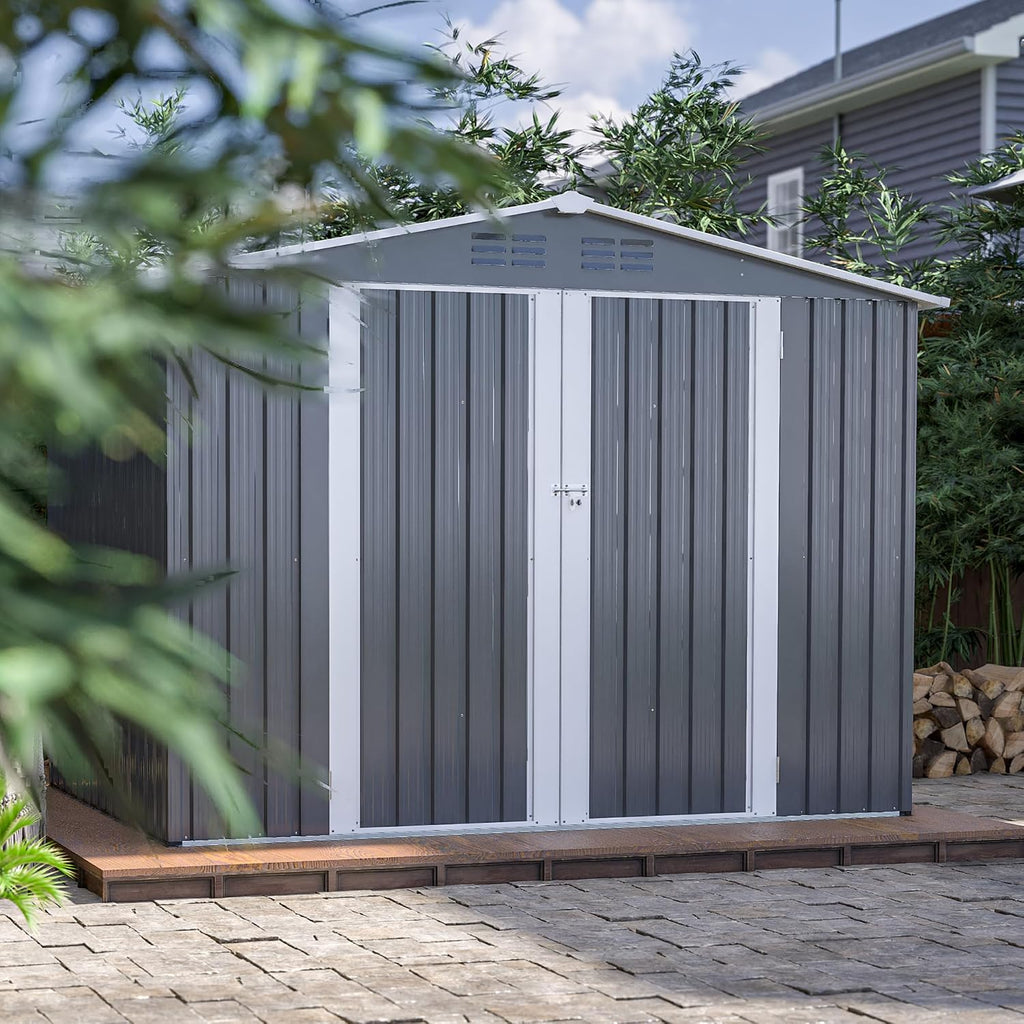 6x8 FT Outdoor Storage Shed, Metal Garden Shed with Frame Floor, Outside Tool Shed with Lockable Hinged Doors, Waterproof Storage Building with Sloped Roof for Backyard, Patio, Lawn, Gray