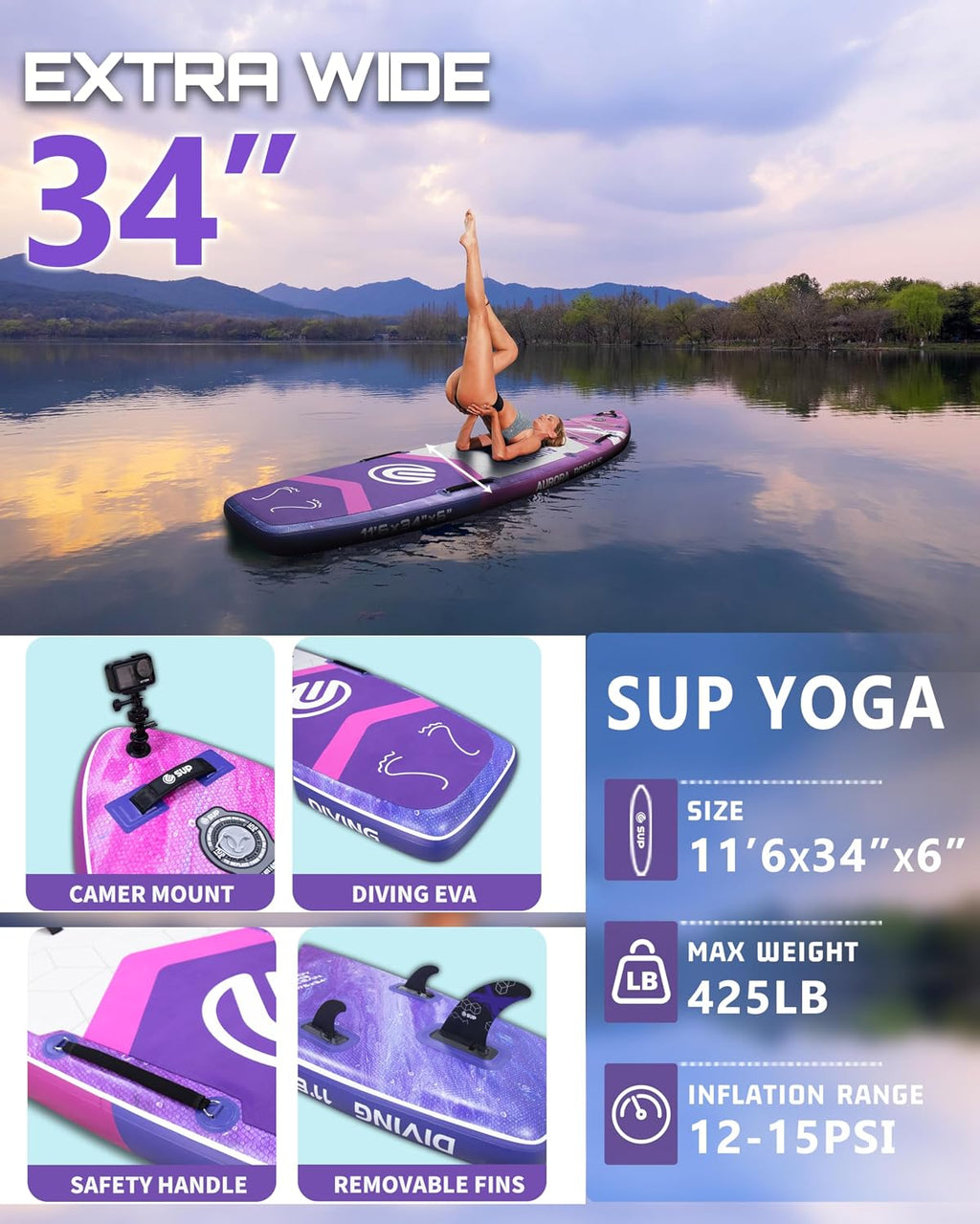 ESUP 11'6 ×34/35' Super Wide Inflatable Paddle Board with SUP Accessories, Extra Stable Stand Up Paddleboards for 2+1 Persons/Family/Beginner/Yoga, w/Shoulder Strap All-Round Sup Board