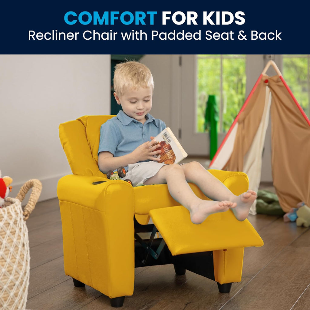 Flash Furniture Vana Vinyl Kids Recliner with Cup Holder, Headrest, and Safety Recline, Contemporary Reclining Chair for Kids, Supports up to 90 lbs., Yellow