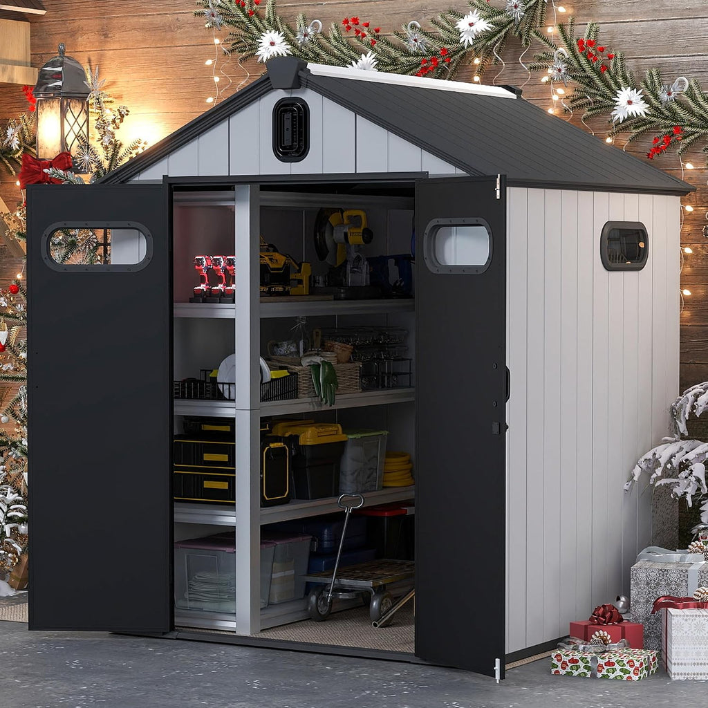 Domi 6x6 FT Outdoor Resin Storage Shed, All-Weather Double-Wall Storage Building for Backyard, Garden, Lawn Tools, Mower, Bike & Pool Equipment, Lockable Doors, Ventilated Roof, Grey