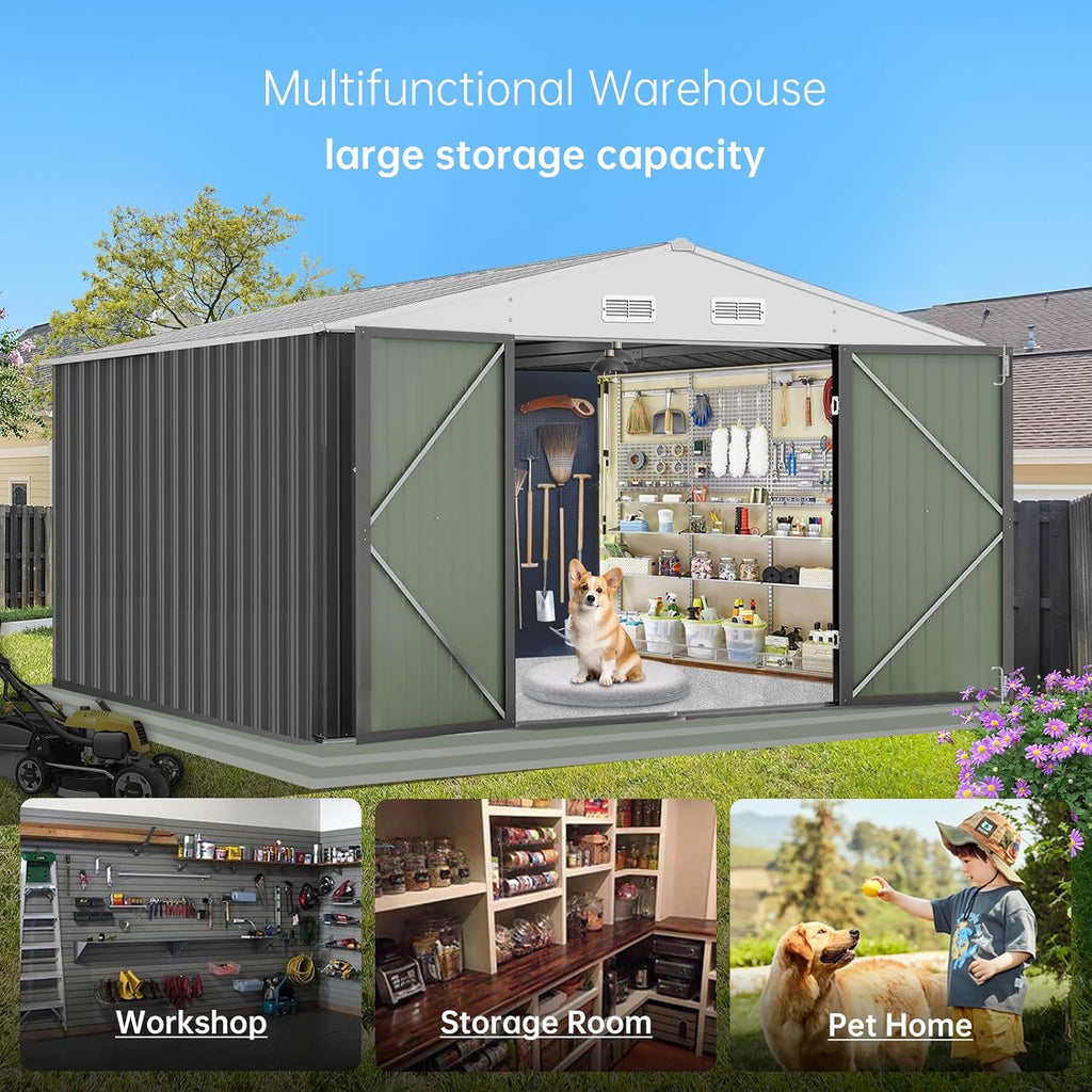 GarveeLife 12x10 ft Outdoor Storage Shed, Large Steel Multipurpose Yard Shed, Metal Outdoor Tool Shed with Sloped Roof and Door Lock Design for Organizing Tools & Equipment in Yard, Garden, Grey