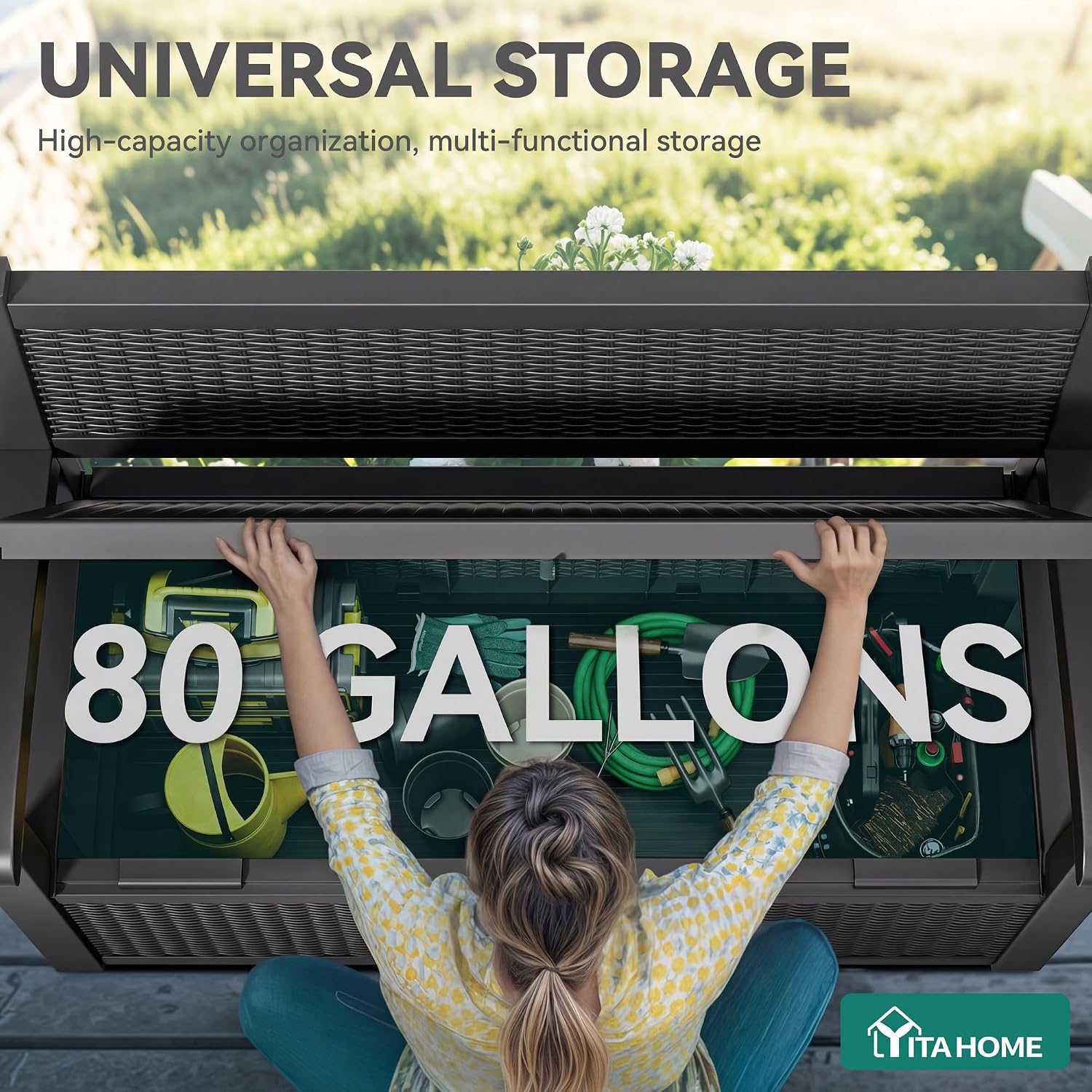 YITAHOME 80 Gallon Storage Bench Deck Box, Lockable Patio Bench with Hidden Storage, Waterproof Outdoor Pool Deck Storage for Patio Cushions, Garden Tools and Pool Supplies, Black