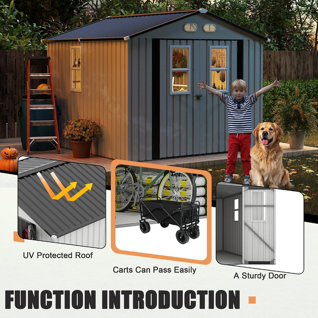 KEIKI 8x8 Outdoor Metal Storage Shed, Heavy-Duty Color Steel Construction with Protective Film, 4 Windows & Lockable Double Doors, Backyard Garden Utility Shed, White