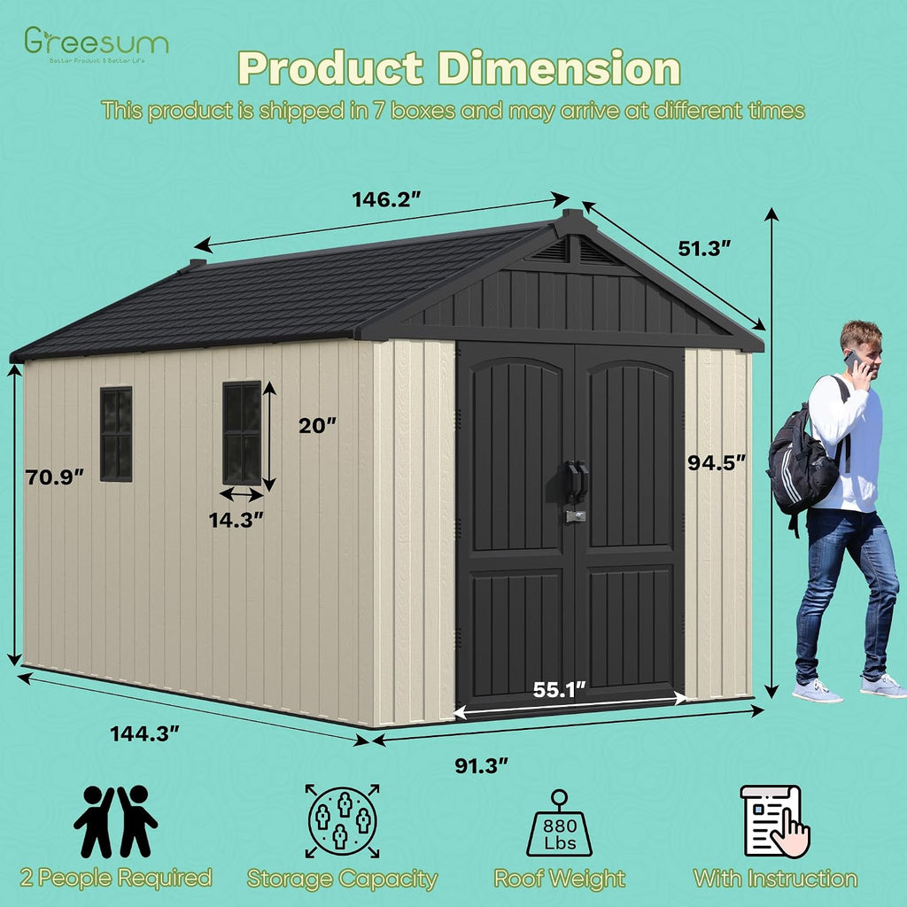 Greesum 8x12 FT Plastic Outdoor Storage Shed with Floor, Resin Sheds with Window and Lockable Door, Weather Resistant Organization for Garden, Patio, Pool Supplies, Beige