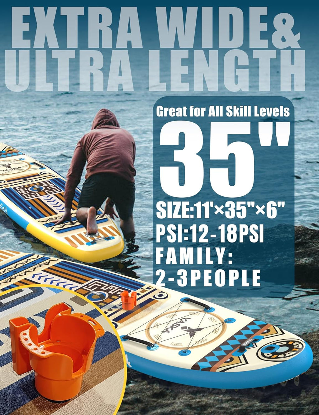 YASKA Inflatable Stand up Paddle Board 11ft with Premium SUP Accessories,Extra Wide Design Non-Slip Paddleboard for Beginner Adults Advenor Yoga Fishing