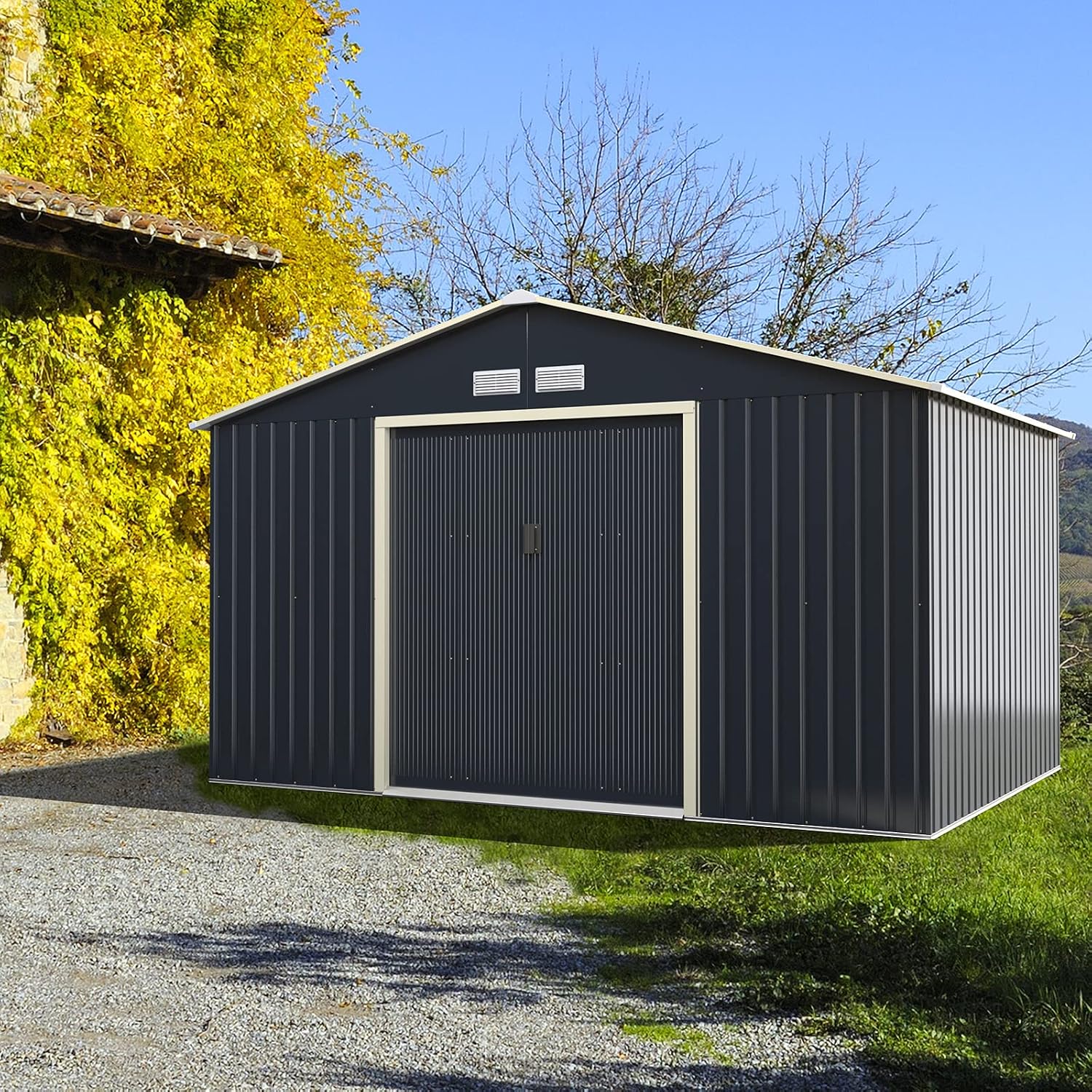 Goplus Storage Shed, Metal 11' X 8' Outdoor Building Organizer with 4 Vents & Double Sliding Door for Garden Backyard Farm (11'X8')