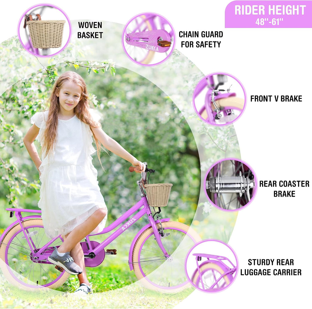 WEEROCK Girls Bike 20/24 Inch Kid Bicycle for 7 + Years Old, 20' 24' Bikes with Front Basket and Rear Rack, V and Coaster Brake for Children, Student Multiple Colors