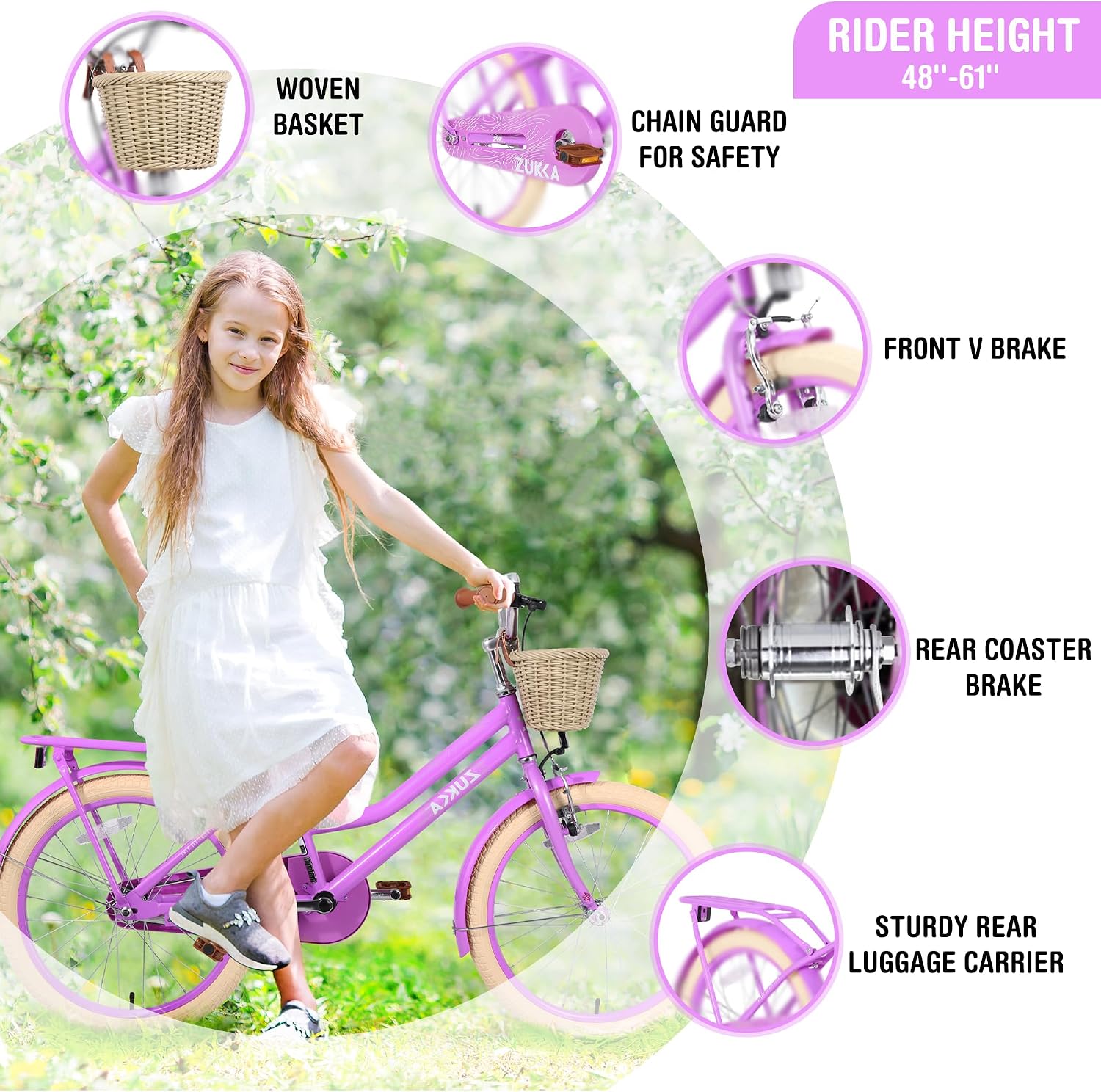 WEEROCK Girls Bike 20/24 Inch Kid Bicycle for 7 + Years Old, 20' 24' Bikes with Front Basket and Rear Rack, V and Coaster Brake for Children, Student Multiple Colors