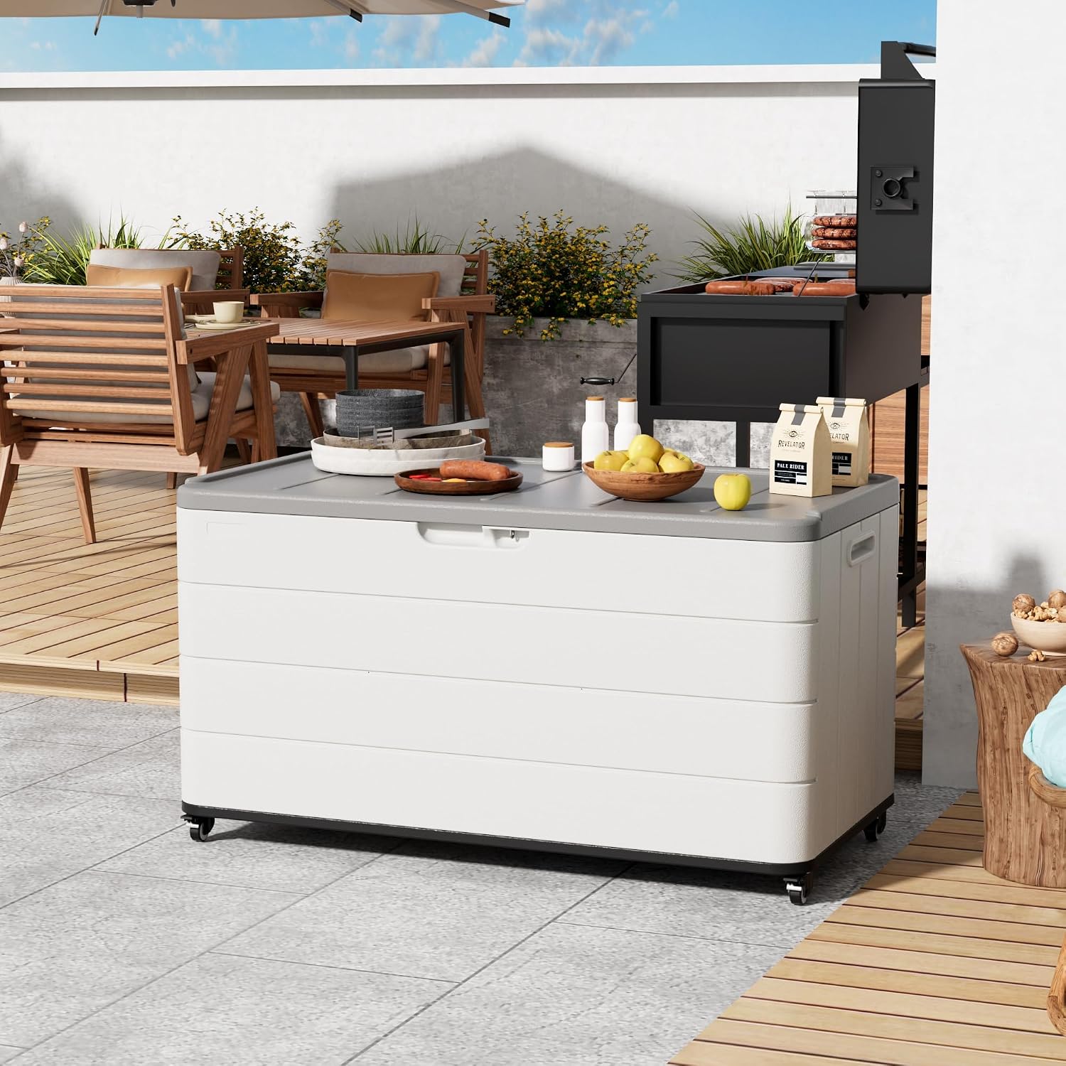Mrosaa 110 Gallon Deck Box Waterproof with Wheels - Mobile Double-Wall Resin Outdoor Storage Box for Patio, Pool, & Garden - Lockable Deck Storage for Cushions, Pool Floats, Boat Slip (Off-White)