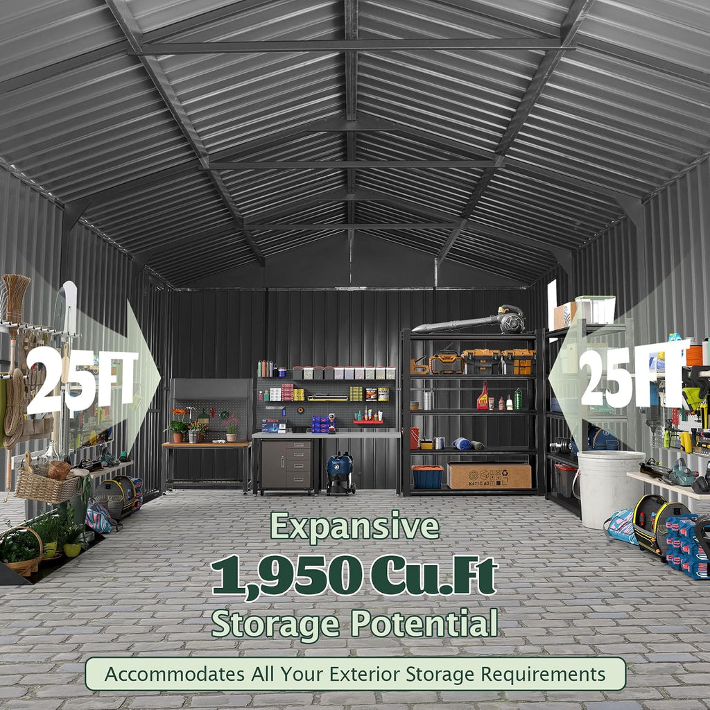 Domi 12'x25' Outdoor Metal Garage Shed, Weatherproof Enclosed Carport with Sidewalls & 2 Lockable Doors, Extra Large Backyard Storage Shed for Car, Truck,Lawn Mower, 80MPH Wind Resistance, Dark Grey