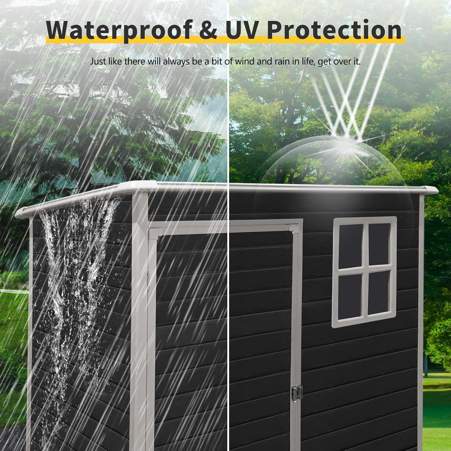 JT 5 x 3 FT Resin Outdoor Shed, Waterproof Storage Shed with Floor, Lockable Door, and Window, Garden Sheds for Backyard, Lawn, Tools (Black)