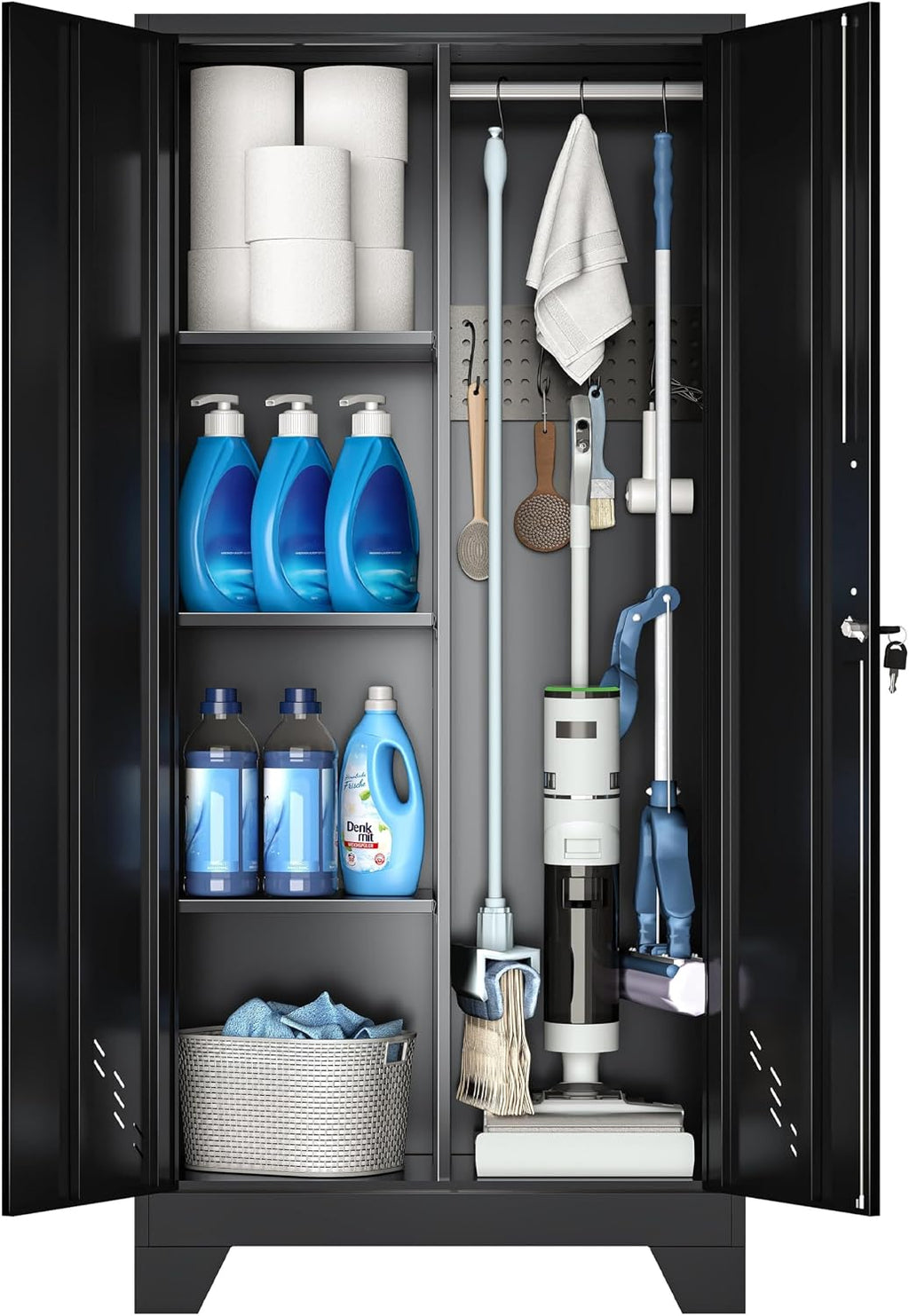 VASAAOSD 61' Broom Closet Storage Cabinet, Metal Storage Cabinet with Doors, Utility Cabinets for Brooms and Mops, Cleaning Tool Cabinets for Garage, Laundry Room, Bathroom