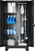 VASAAOSD 61' Broom Closet Storage Cabinet, Metal Storage Cabinet with Doors, Utility Cabinets for Brooms and Mops, Cleaning Tool Cabinets for Garage, Laundry Room, Bathroom