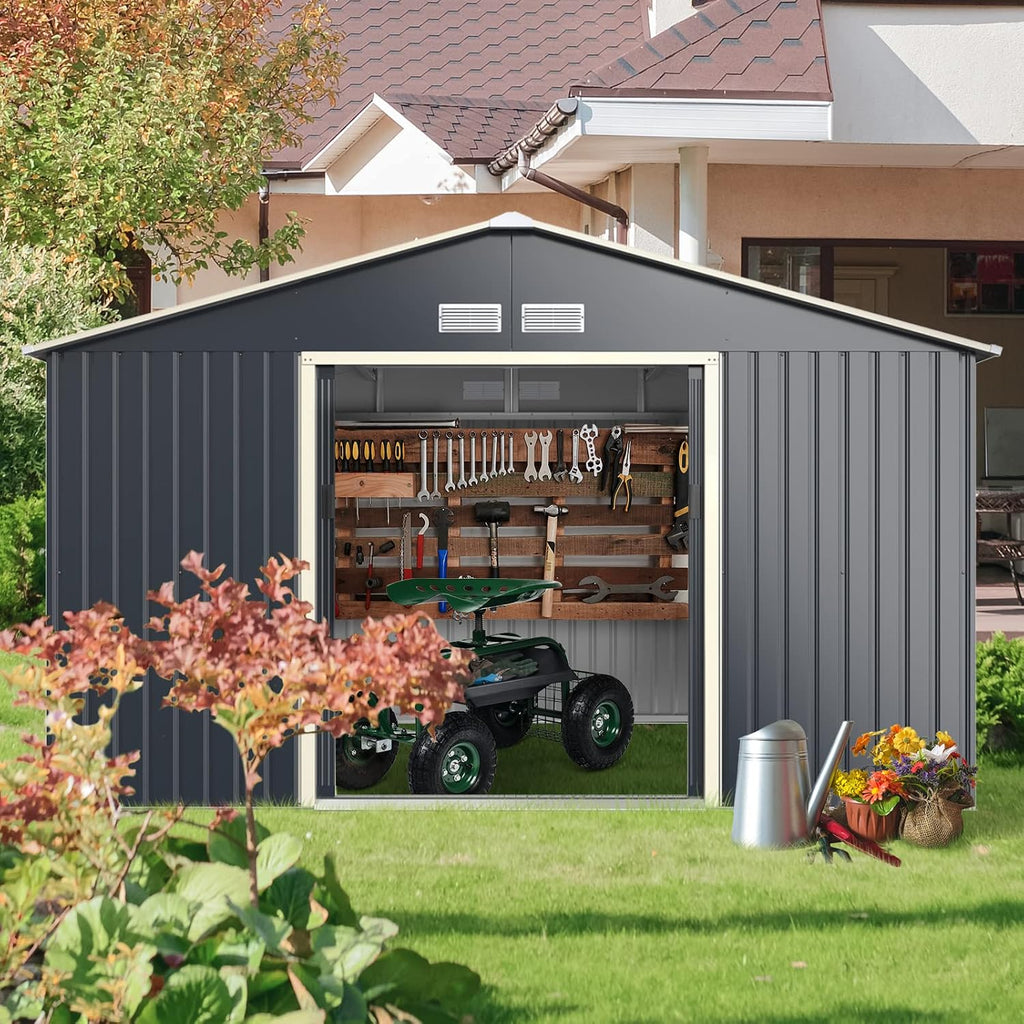 Goplus Outdoor Storage Shed, 11' X 8' Metal Garden Shed with 4 Vents & Double Sliding Door, Utility Tool Shed Storage House for Backyard, Patio, Lawn