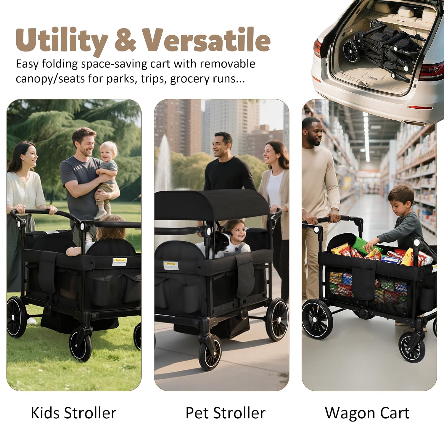 TODEFULL Wagon Stroller for 2 Kids, All-Terrain Stroller Wagon, Foldable Kids Wagon Cart Featuring with Harnesses, Adjustable Double Push Handle, Removable Canopy, Snack Tray, Large Storage Bag, Black