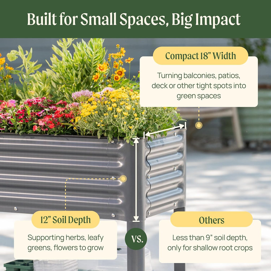 Rolling Elevated Raised Garden Bed - Slim Series, 1.5' x 3.5' Outdoor Planters Boxes with Legs & Storage Rack for Patio, 500 Lbs Weight Capacity, Raised Beds for Gardening Herbs Flowers, Modern Gray