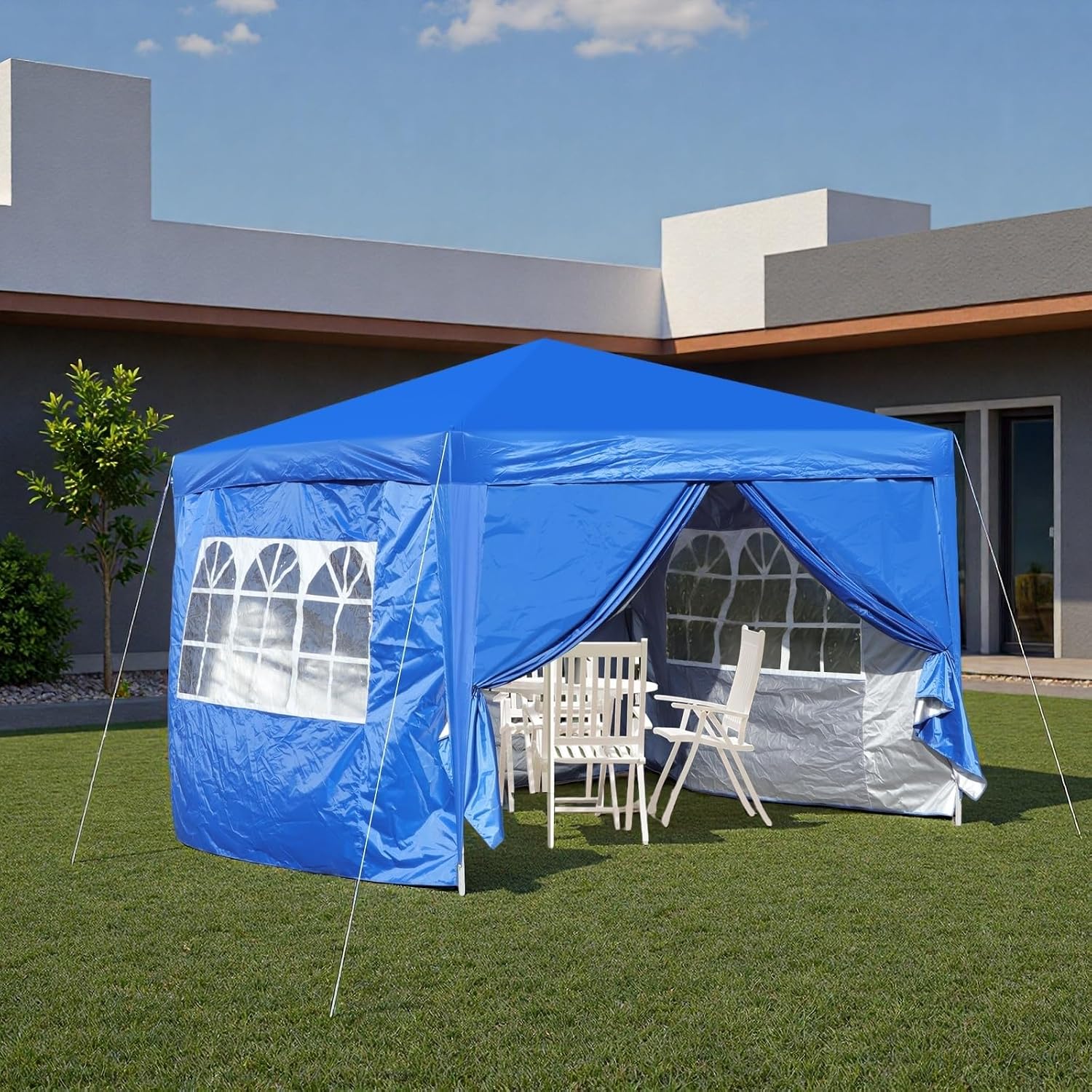 10x10FT Canopy Tent, Outdoor Gazebo Pop up Canopy with 4 Removable Sidewalls & 2 Windows, Patio Camping Shade Canopy with 4 PCS Weight Sand Bag & Carry Bag, Ideal for Parties Events, Blue