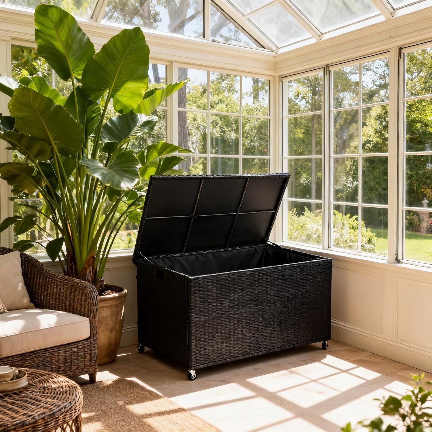 Outdoor 170 Gallon Water-Resistant Wicker Storage Box with Wheels, PE Rattan Deck Box with Waterproof Liner for Outside, Patio Storage Container with Hinged Lid, Horizontal Bin, Black