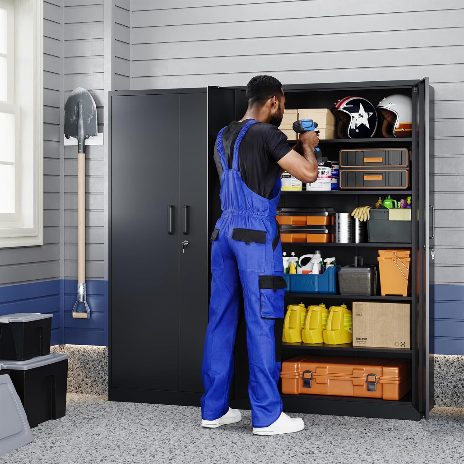 Yizosh Metal Storage Cabinet with Lock - 72' Garage Storage Cabinet with 2 Locking Doors and 5 Adjustable Shelves, Black Steel Lockable for Office,Home,Garage
