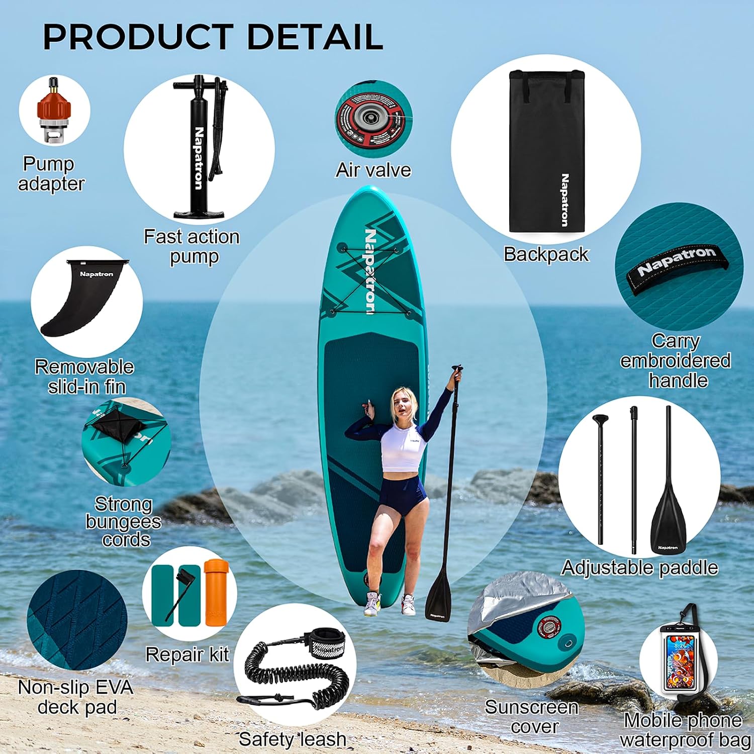 Napatron Family Inflatable Stand Up Paddle Board, Sup,Stable Wide Design,350LBS Capacity,Complete Paddle Board Package with Fast Action Pump,Leash,Ideal for Beginners/Youth & AllSkill Levels