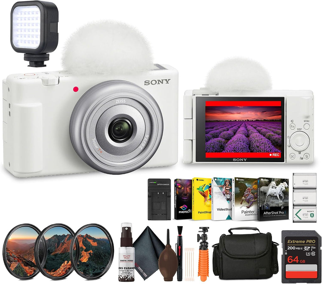 Sony ZV‑1F/W Vlog Camera in White | 20.1 MP 1‑Inch Exmor RS Sensor Compact Creator Camera (White) (ZV1F/W) + Filter Kit + 64GB Card + Photo Software + 2 x NP-BX1 Battery + More