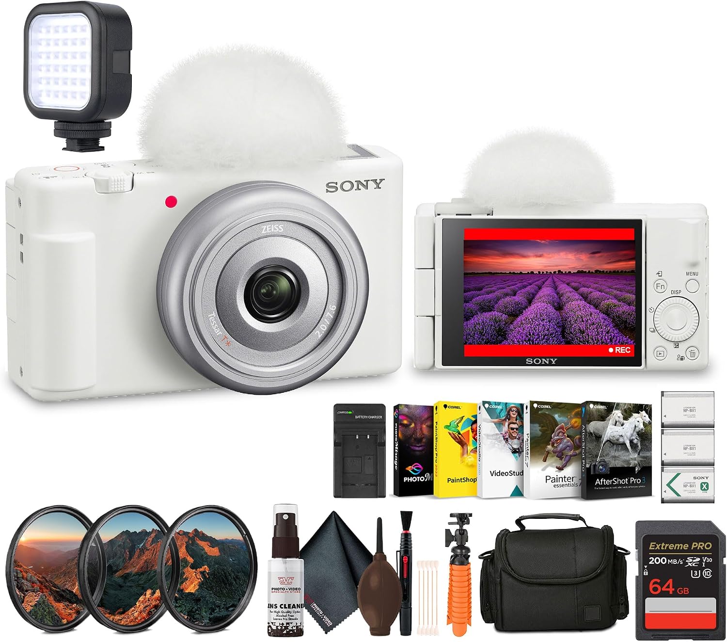 Sony ZV‑1F/W Vlog Camera in White | 20.1 MP 1‑Inch Exmor RS Sensor Compact Creator Camera (White) (ZV1F/W) + Filter Kit + 64GB Card + Photo Software + 2 x NP-BX1 Battery + More