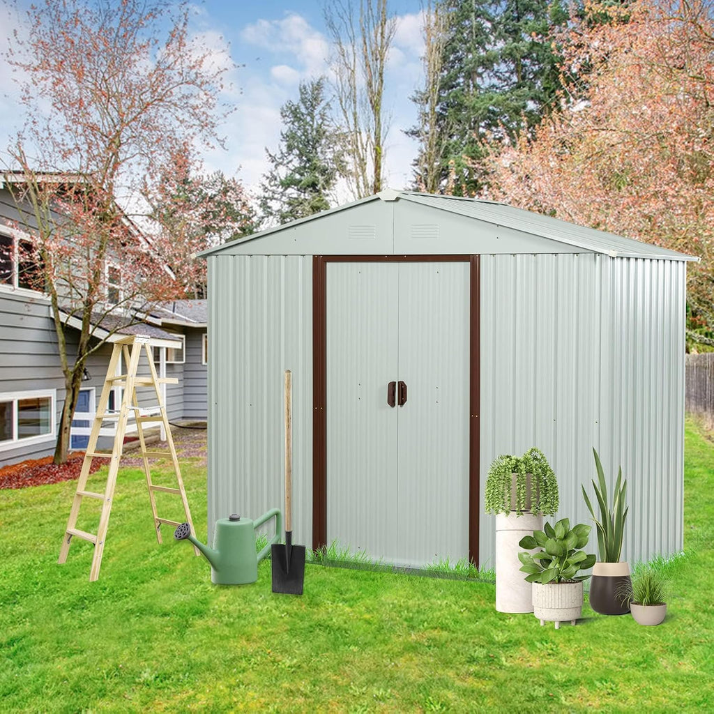 6 x 5 FT Outdoor Storage Shed, Metal Garden Shed with Floor Frame, Tool Shed Outdoor Storage with Lockable Sliding Doors & Air Vents, Storage House Waterproof for Backyard, Lawn, White