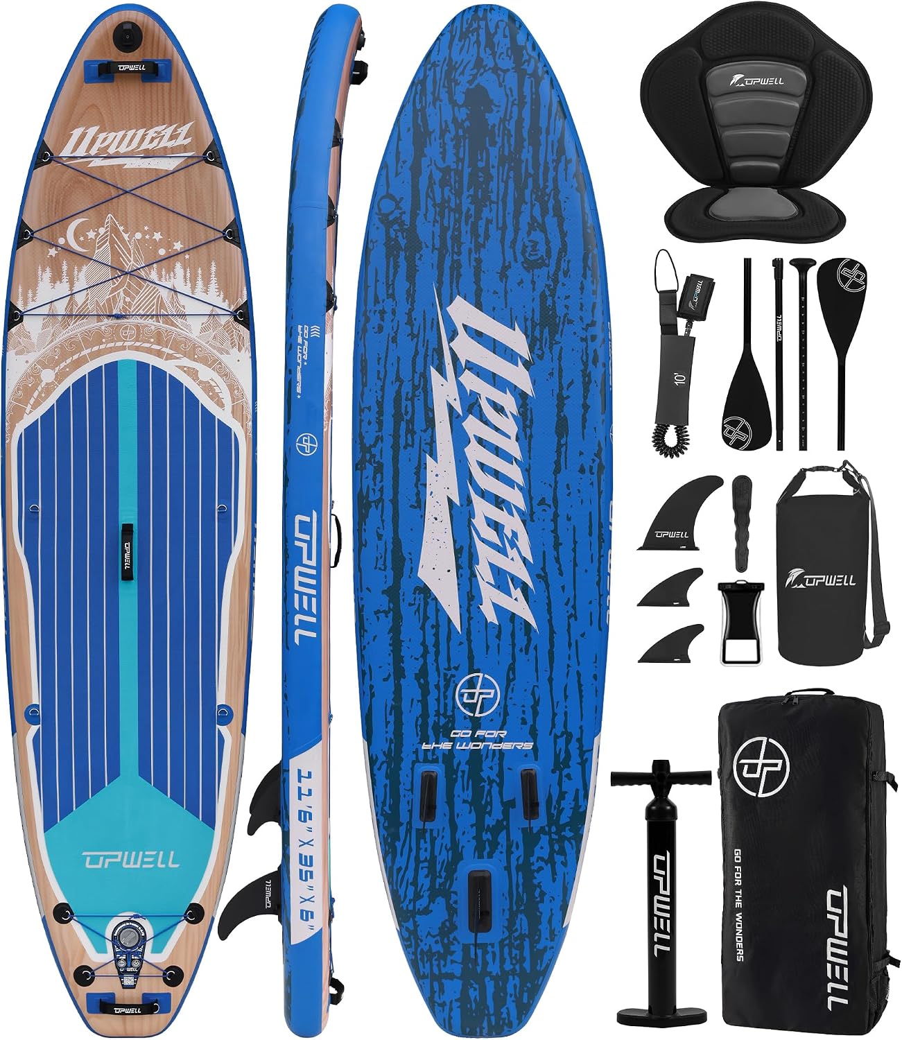 UPWELL 10'6'/11'/11'6' Inflatable Paddle Board, Stand Up Paddlboard for Youth & Adults, Stable Design, Premium SUP Accessories, Backpack, Leash, Hand Pump, Fins