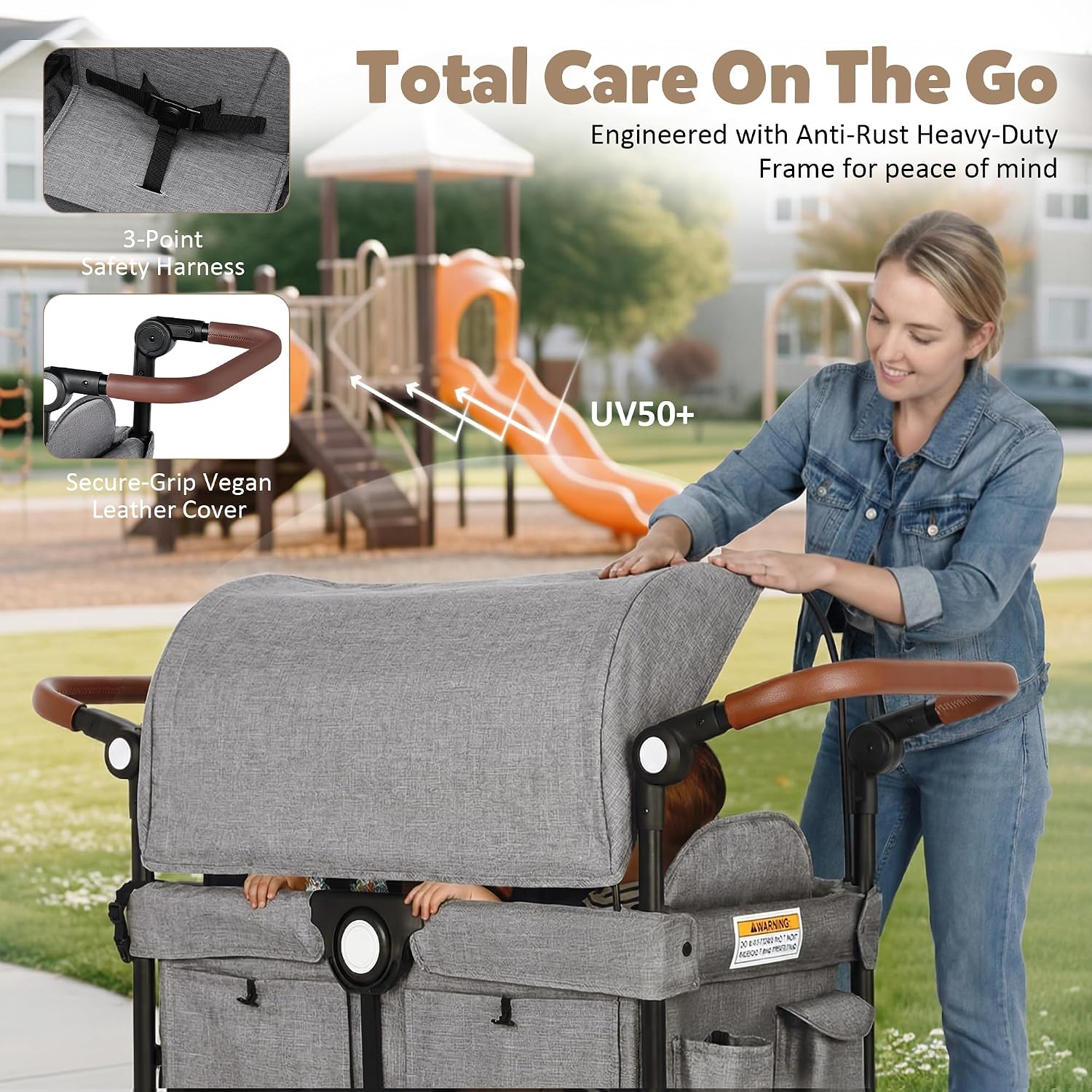 TODEFULL Wagon Stroller for 2 Kids, Foldable Kids Wagon Cart Featuring with Harnesses, Adjustable Double Push Handle, Removable Canopy, Snack Tray, Large Storage Bag, Gray