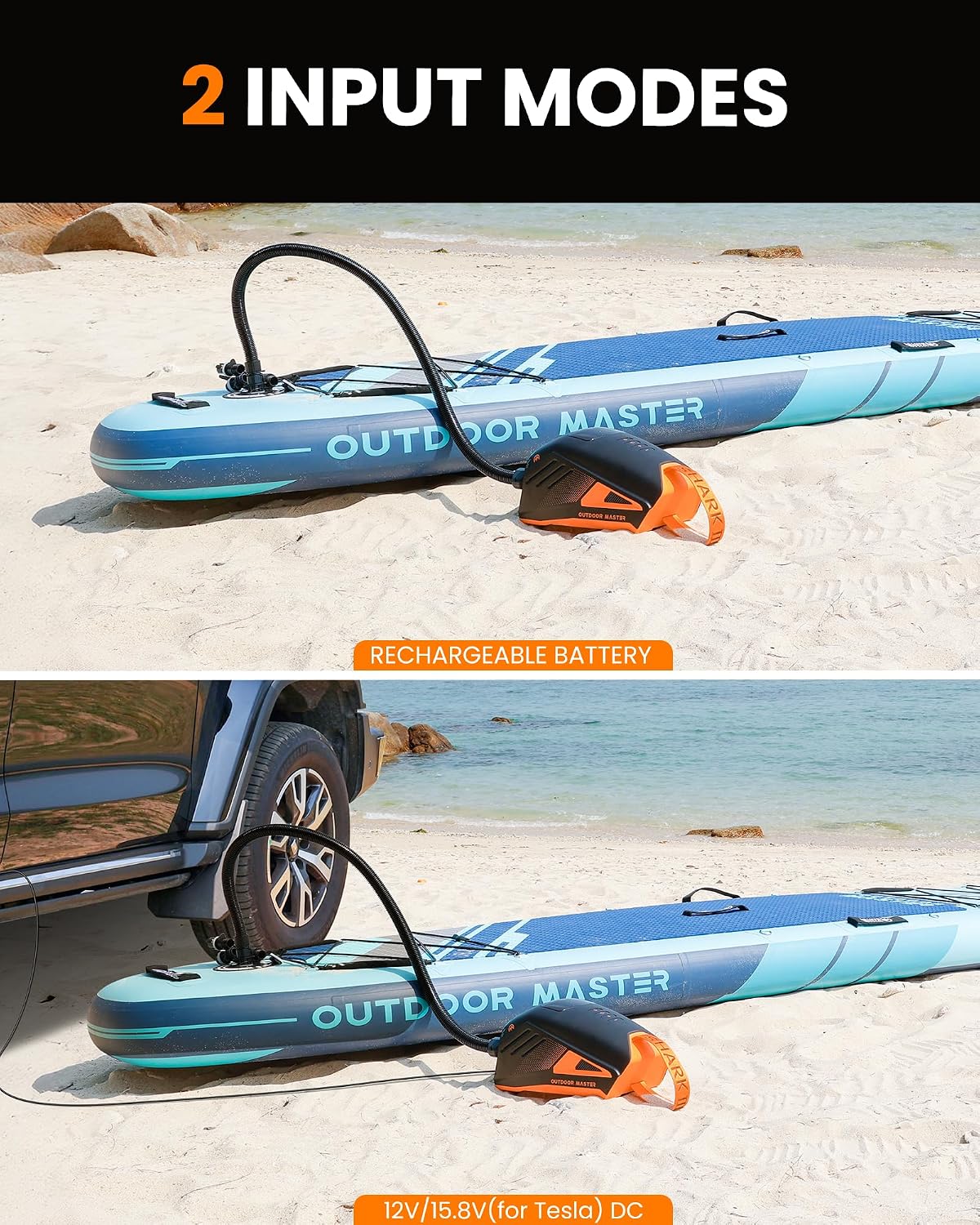 OutdoorMaster Shark 3 Paddle Board Pump Electric - 3'50' Fast Inflation, 20PSI 74Wh Rechargeable SUP Air Pump- Auto-Off & Deflation, 12V/15.8V DC & Type-C Input, 8 Nozzles for Inflatables, Boats,Kites