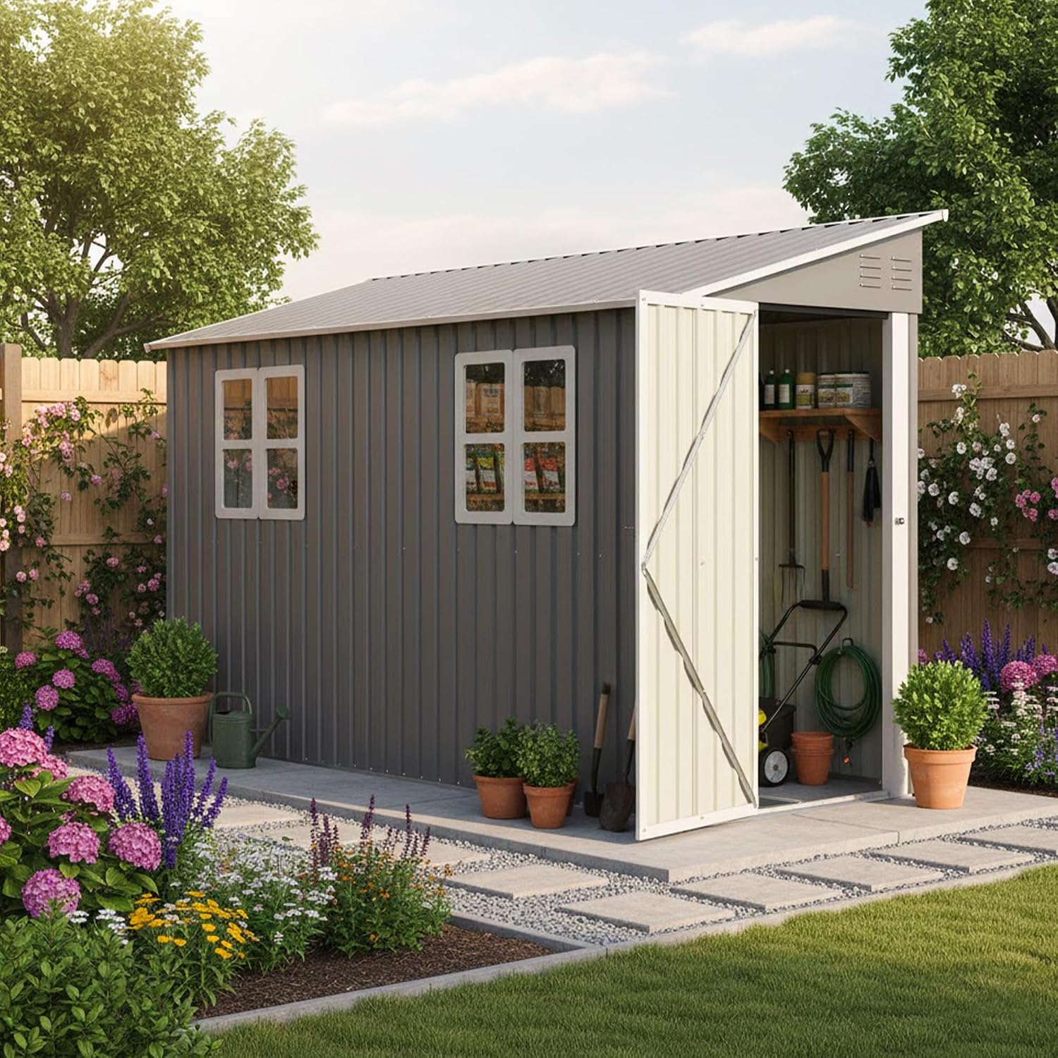 4' x 10' Metal Garden Shed Lockable Doors,Outdoor Storage Shed with Double Windows,Waterproof Shed Outside Storage Clearance for Backyard Patio