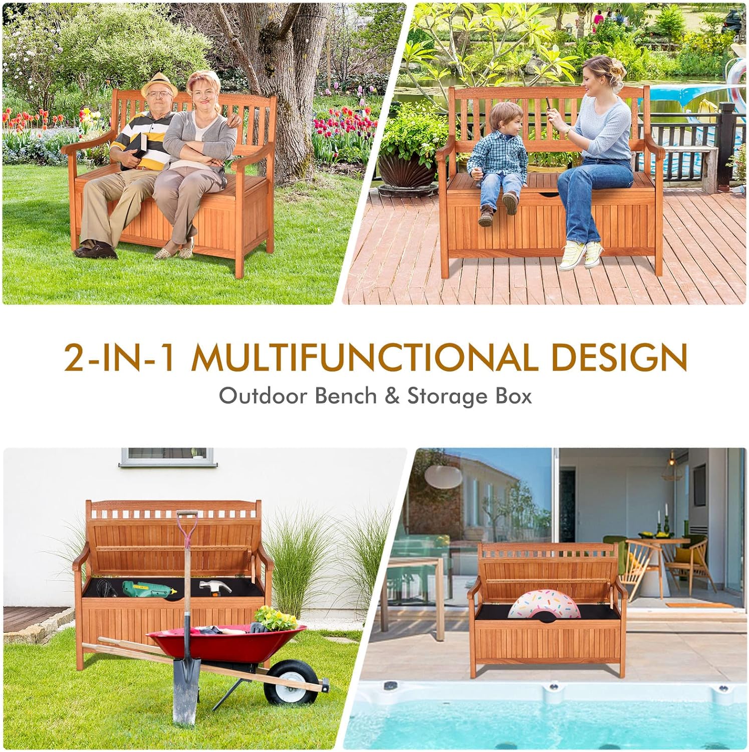 Giantex Wooden Outdoor Bench, Outside Deck Box with Seating, 800 lbs Capacity, Dustproof Liner, Wood Storage Loveseat for Pool Front Porch Garden Lawn Decor, Eucalyptus Patio Bench