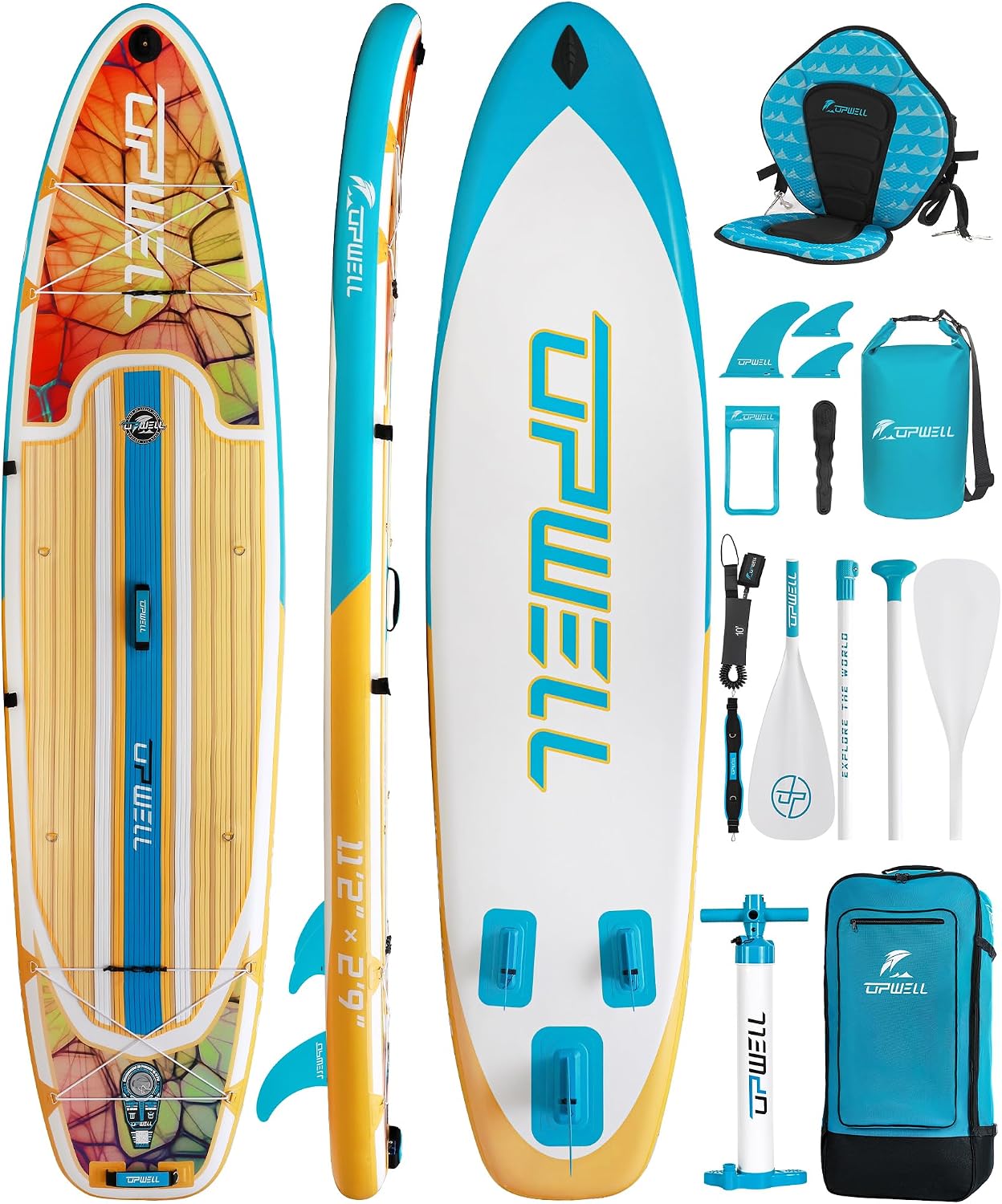 UPWELL 11'6'/11'2'/11'/10'8'/10'6'/10'2' Inflatable Stand Up Paddle Board with sup Accessories Including Backpack, Repairing Kits, Non-Slip Deck, Leash, 3 Fins, Paddle and Hand Pump