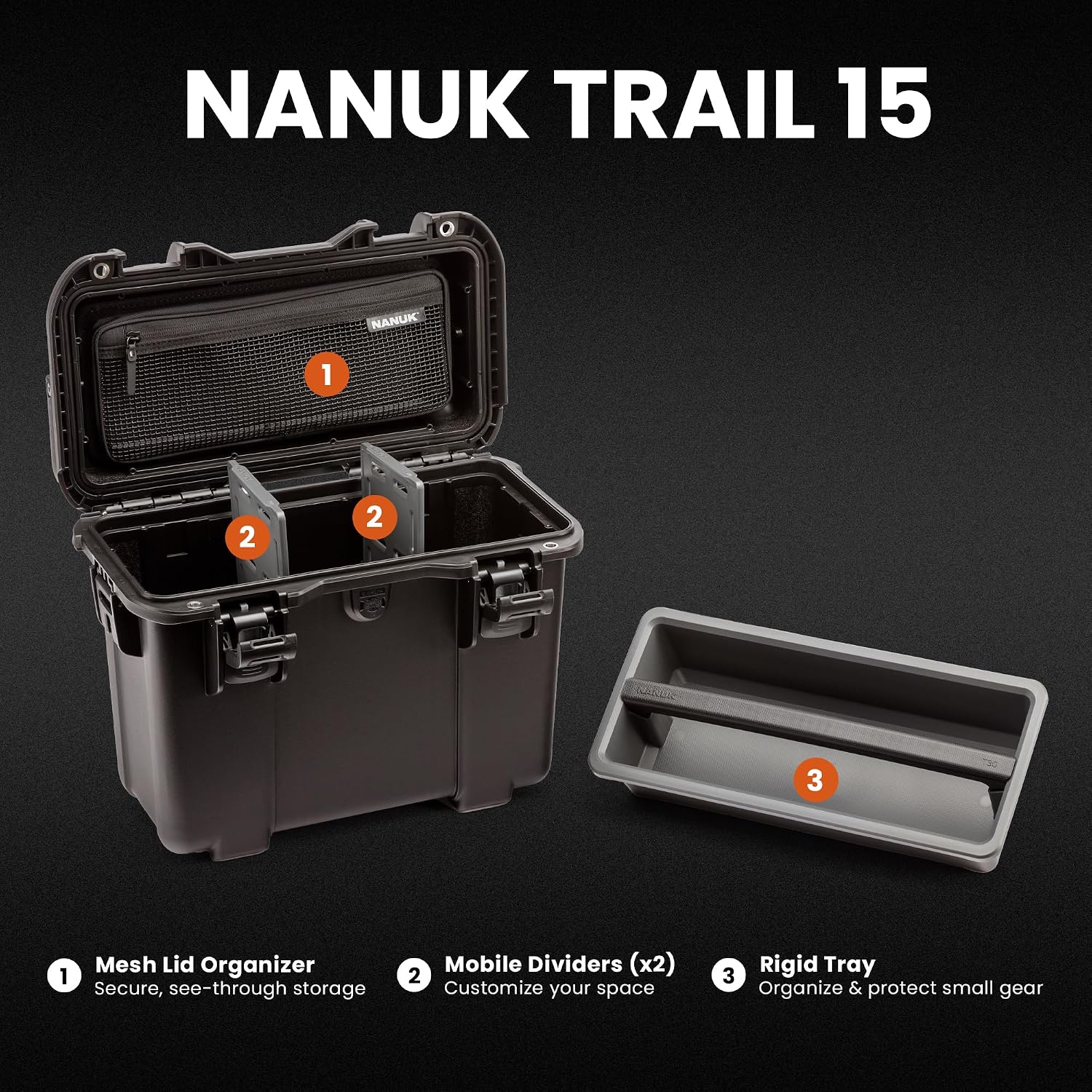NANUK Trail 15 – 15.9L (4.2-Gallon) Waterproof Storage Box – Cargo Case with Modular Dividers for Camping, Fishing & Outdoor Storage - Dustproof and Impact Resistant (12.9' x 9.7' x 10.3') – Black
