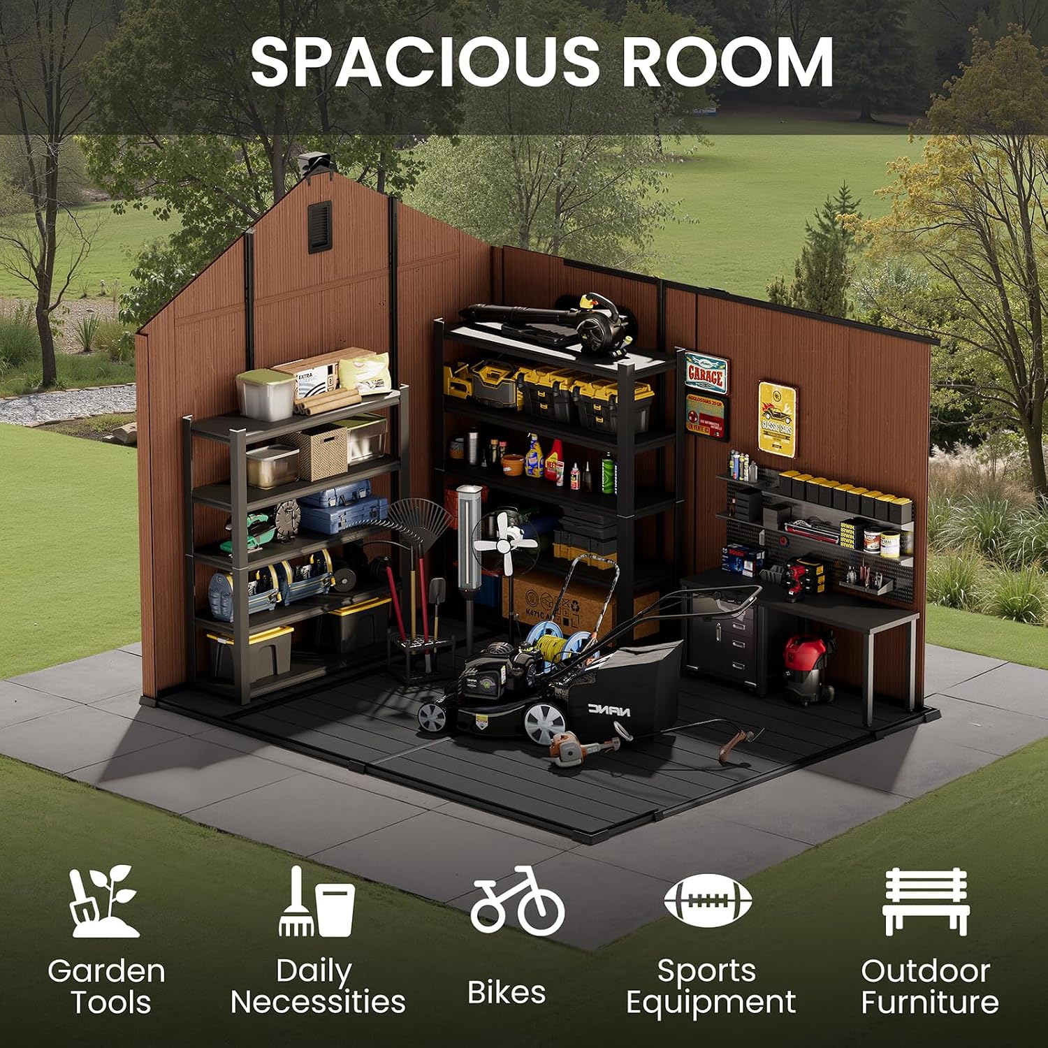CRESTLIVE 8x10 FT Rust-Resistant Plastic Outdoor Storage Shed, Waterproof Resin Garden Shed with Floor, Doors, Skylight & Vent for Lawn Tools & Bikes