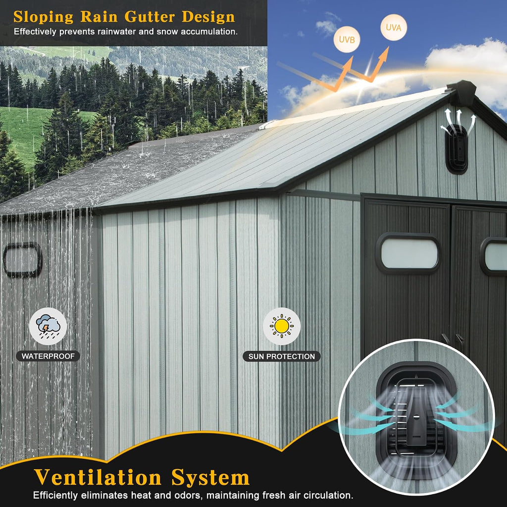 Domi 8x10FT Resin Outdoor Storage Shed with Lockable Door, Waterproof Outside Sheds with Windows & Vents, Heavy-Duty Plastic Tool Storage Shed for Patio Furniture, Lawn Mower, Bike