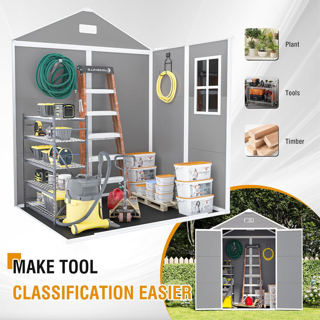 Outdoor Storage Shed 6x5 FT, Resin Shed with Floor & Window, Lockable Door, Vents, Outside Sheds & Garden Shed for Patio Furniture, Gardening Tools, Pool Equipment (Grey, 6 * 5ft)