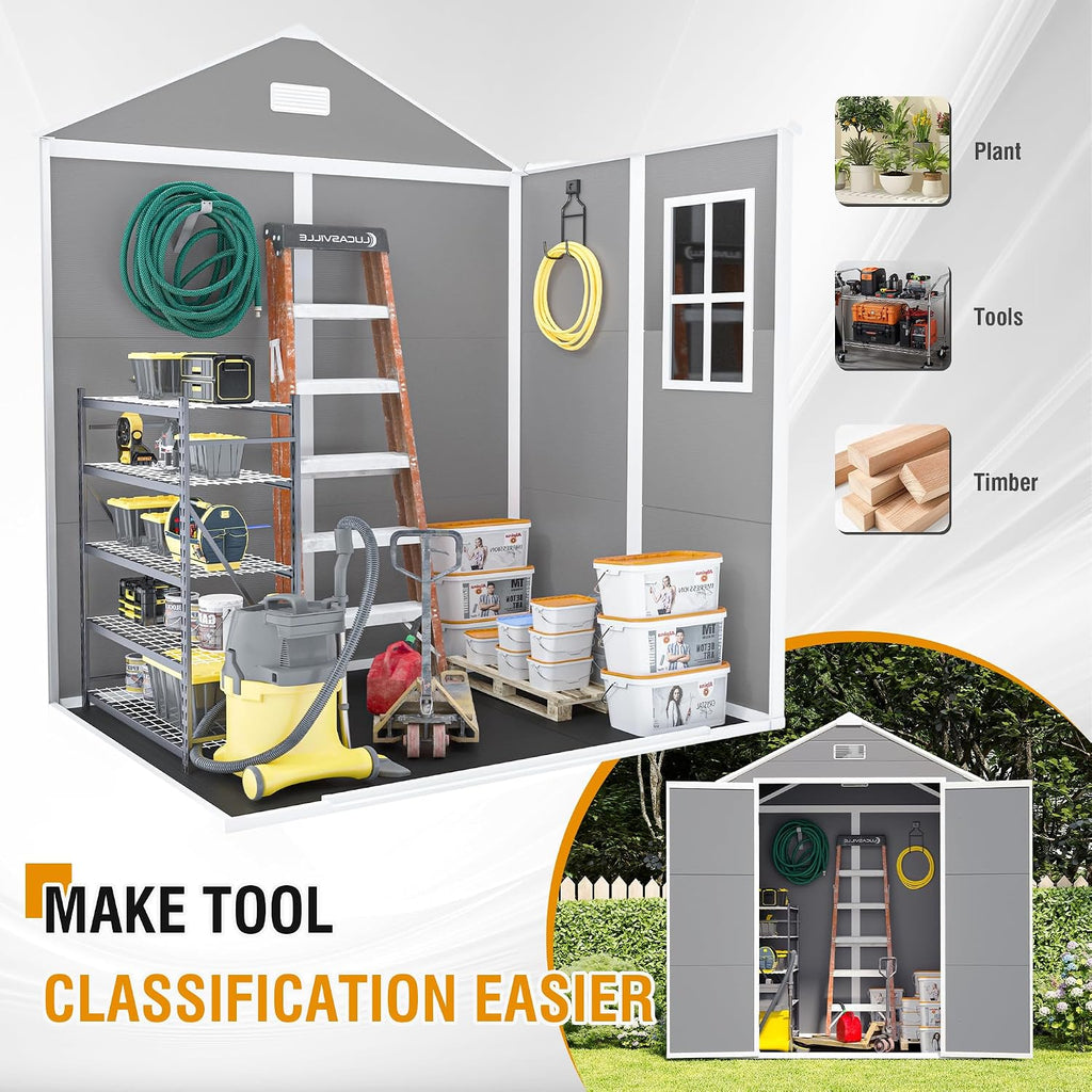 Resin Storage Shed 6x5ft, Outdoor Storage Sheds with Floor, HD Window, Lockable Doors and Vents, Tool Shed for Bike, Garden, Backyard,Lawn, All Weather Use (Grey, 6 * 5ft)