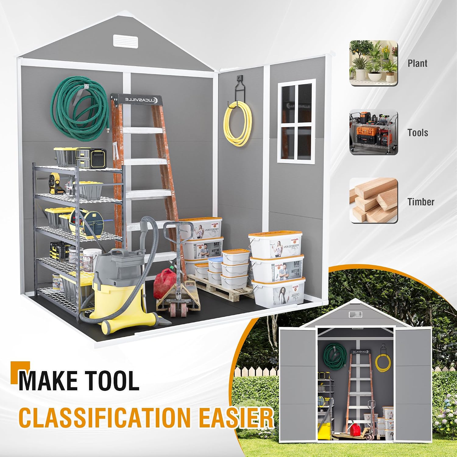 Resin Storage Shed 6x5ft, Outdoor Storage Sheds with Floor, HD Window, Lockable Doors and Vents, Tool Shed for Bike, Garden, Backyard,Lawn, All Weather Use (Grey, 6 * 5ft)