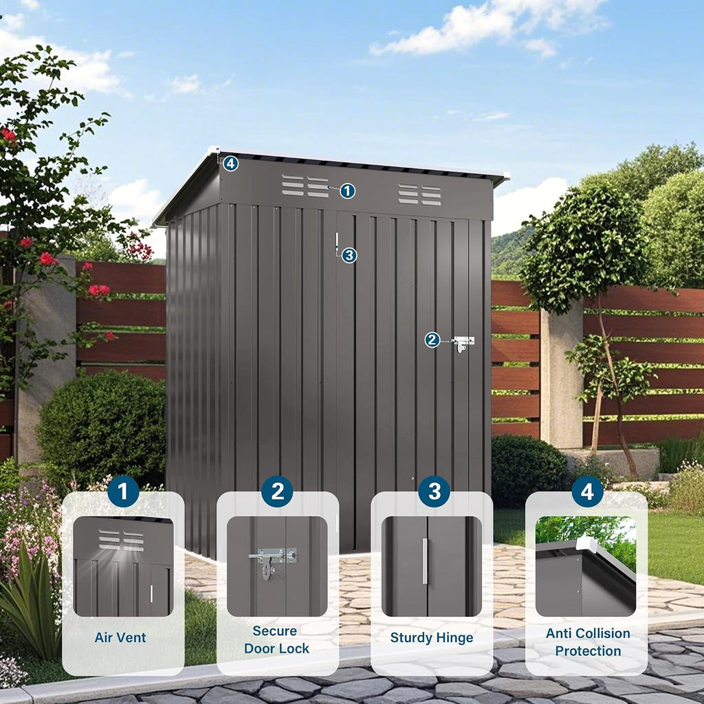 5x3 FT Outdoor Storage Shed, Small Metal Garden Shed with Lockable Hinged Door, Outside Tool Sheds with Sloped Roof & 2 Air Vents, Waterproof Storage Building for Backyard, Patio, Lawn, Gray