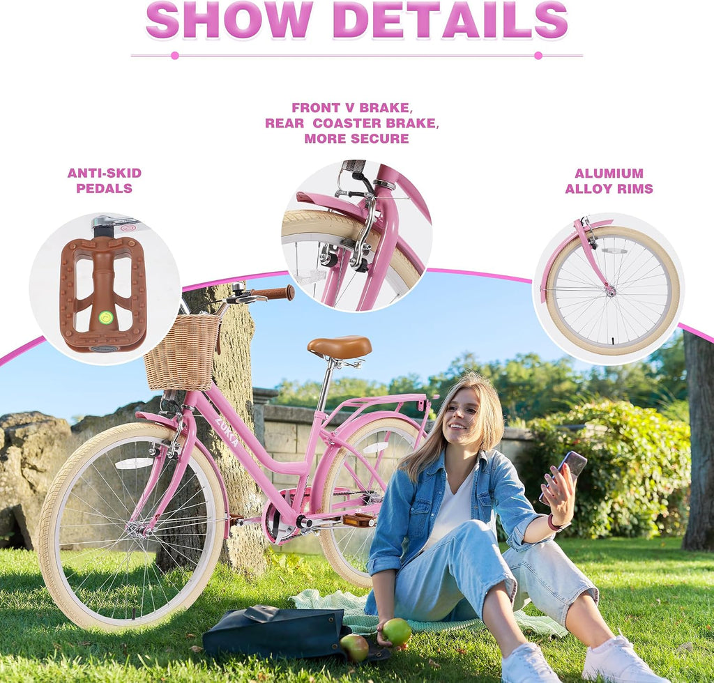 WEEROCK Girls Bike 20/24 Inch Kid Bicycle for 7 + Years Old, 20' 24' Bikes with Front Basket and Rear Rack, V and Coaster Brake for Children, Student Multiple Colors
