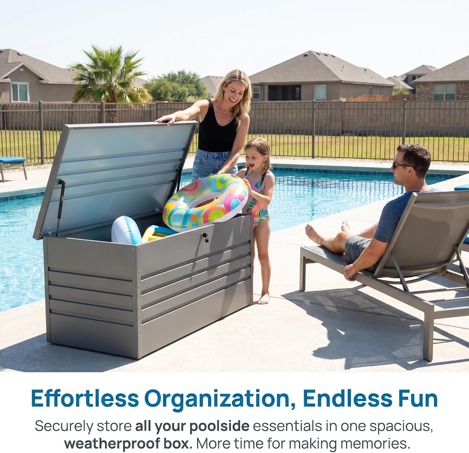 260 Gallon Deck Box, Metal Large Deck Box, Waterproof Deck Storage Box, Pool Storage Box with Lockable Storage Containers, Light Gray